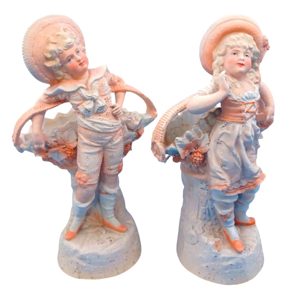 Antique Gebruder Heubach Art Nouveau Statues With Basket Vases Gold Dots Grapes